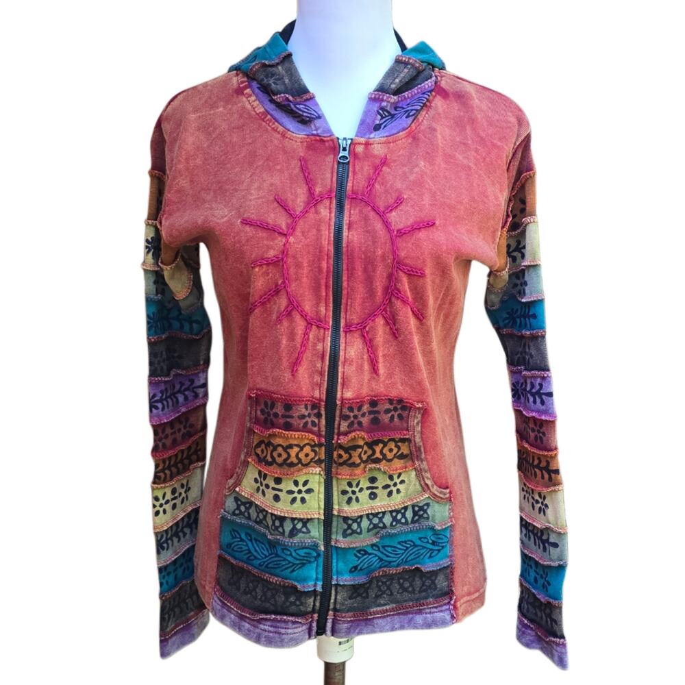 Boho Sun Hoodie Greater Good Network Patchwork Zip Jacket S/M Cotton Celestial